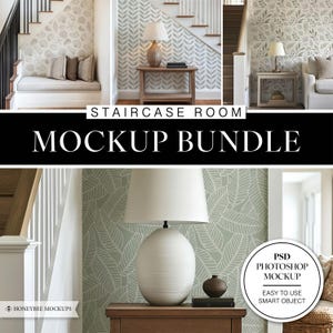 Może przedstawiać: Pakiet makiet trzech r&oacute;żnych scen z klatki schodowej. Każda scena zawiera inny wz&oacute;r tapety i lampę na stole. Tekst "Staircase Room Mockup Bundle" jest wyświetlany w środku obrazu. Tekst "PSD Photoshop Mockup" jest wyświetlany w prawym dolnym rogu obrazu. Tekst "Easy to use Smart Object" jest wyświetlany pod tekstem "PSD Photoshop Mockup".