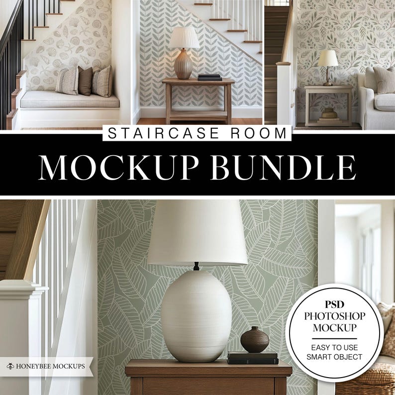 Może przedstawiać: Pakiet makiet trzech r&oacute;żnych scen z klatki schodowej. Każda scena zawiera inny wz&oacute;r tapety i lampę na stole. Tekst "Staircase Room Mockup Bundle" jest wyświetlany w środku obrazu. Tekst "PSD Photoshop Mockup" jest wyświetlany w prawym dolnym rogu obrazu. Tekst "Easy to use Smart Object" jest wyświetlany pod tekstem "PSD Photoshop Mockup".