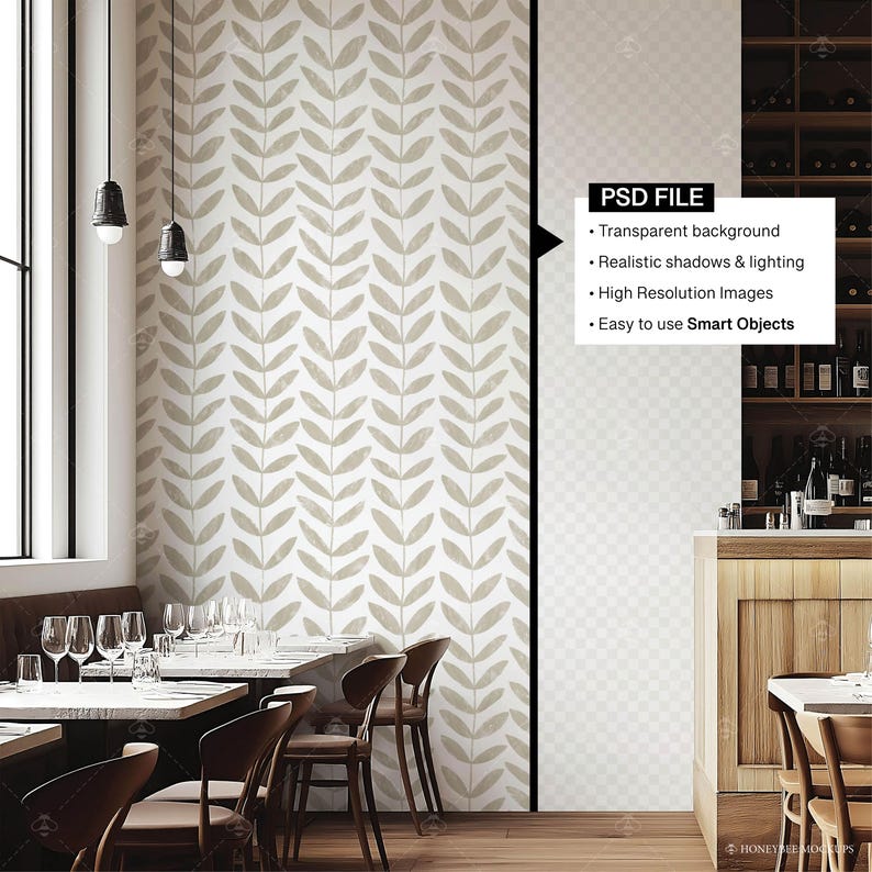 Pu&ograve; includere: Un mockup di interni di un ristorante con una parete che presenta una carta da parati a motivi di foglie beige e bianche. La carta da parati &egrave; un download digitale e pu&ograve; essere utilizzata per creare un mockup realistico di un interno di ristorante. Il mockup include un tavolo con sedie, un bar e una finestra.