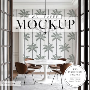 May include: A mockup of a wallpaper design featuring a repeating pattern of palm trees in a light gray color on a white background. The wallpaper is displayed in a dining room setting with a white table and brown chairs. The text "WALLPAPER MOCKUP" is displayed in white letters on a gray background.
