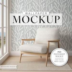 May include: A mockup of a wallpaper design featuring a white and gray pattern of stylized branches. The wallpaper is displayed in a room with a white armchair and a rug. The text "WALLPAPER MOCKUP" is displayed above the armchair. A circle with the text "PSD PHOTOSHOP MOCKUP EASY TO USE SMART OBJECT" is displayed in the lower right corner of the image.
