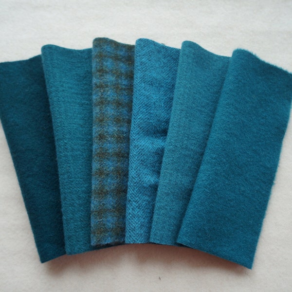 Teal - Deep Turquoise - Hand Dyed Wool Bundle Fabrics Perfect for Rug Hooking and Applique by Quilting Acres