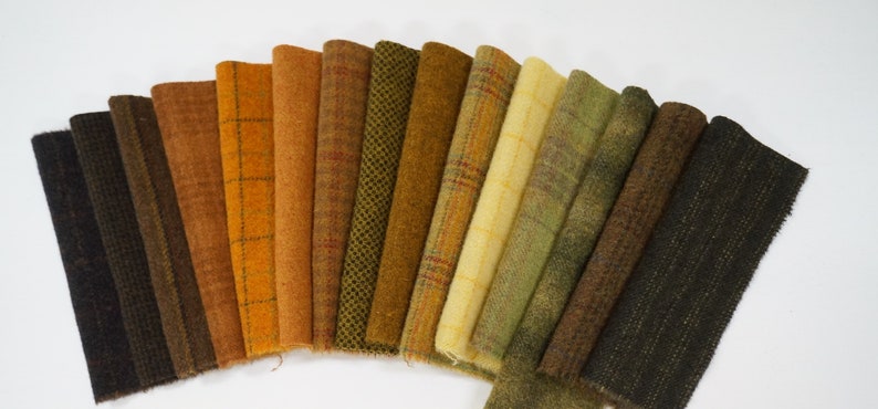 Green Hand Dyed Wool Fabric Gold 15 Piece Collection for Primitive Rug Hooking Fall Tones Wool Applique Pumpkin Rust Brown