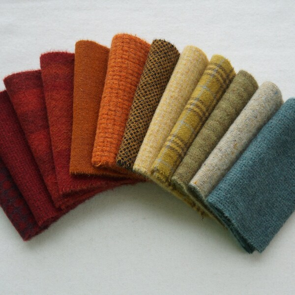 Gold, Green, Red, Orange, and Blue tones of Rug Hooking and Wool Applique Hand felted wool fabrics 5211