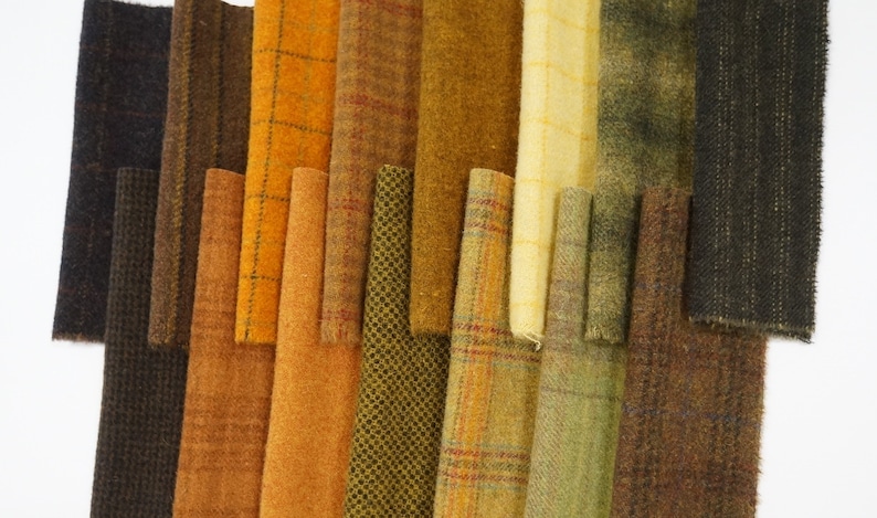 Green Hand Dyed Wool Fabric Gold 15 Piece Collection for Primitive Rug Hooking Fall Tones Wool Applique Pumpkin Rust Brown