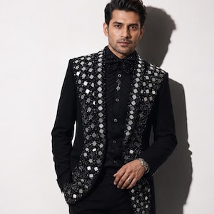 Men's Black Mirror Embellished Tuxedo Suit | Luxury Formal Wedding Prom Blazer | Handmade Designer Tuxedo