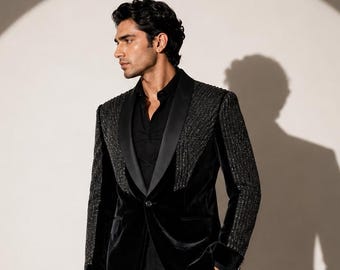 Black Velvet Tuxedo for Men, Handmade Beaded Blazer, Luxury Wedding Suit, Designer Groom Jacket, Custom Prom Dinner Jacket