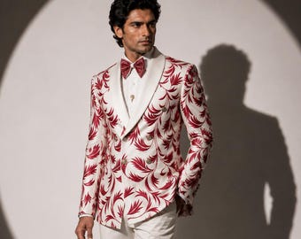 Men's White Floral Embroidered Tuxedo, Double Breasted Wedding Suit, Custom Groom Blazer, Prom Jacket