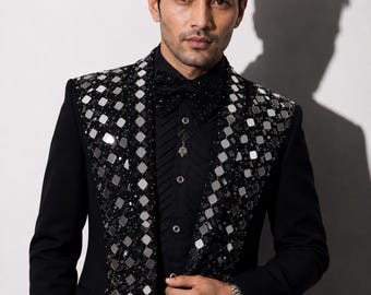 Men's Black Mirror Embellished Tuxedo Suit | Luxury Formal Wedding Prom Blazer | Handmade Designer Tuxedo