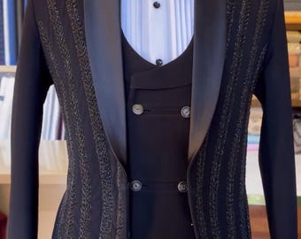 Black Embroidered Tuxedo Suit for Men | 3-Piece Formal Wear | Wedding, Prom, Party, Gala, Custom Made Groom Attire | Luxury Shawl Lapel Suit