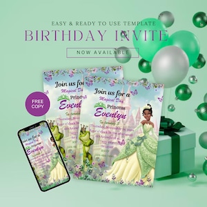 Princess and the Frog Birthday Invitation, Princess Tiana Birthday invitation Princess Frog birthday invite, Green Princess Party