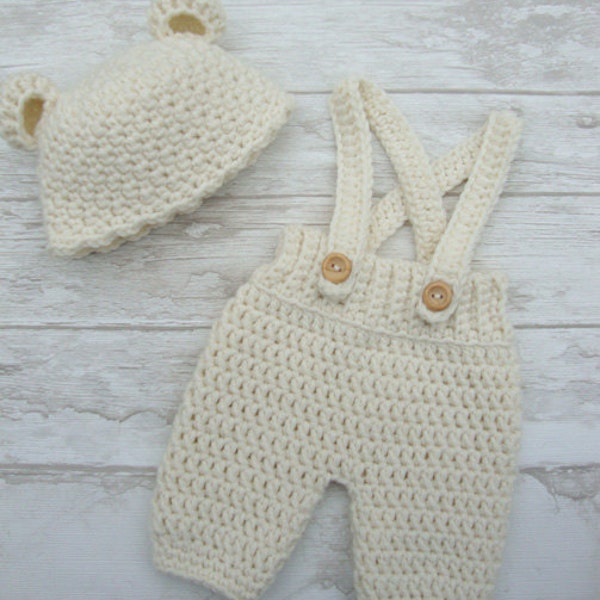 set newborn suspenders pants and bear hat in  off white, crochet baby clothes photo props ready to ship