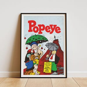 May include: A vintage comic book cover featuring Popeye, Olive Oyl, and a dog. The cover is red, green, and black with the title "Popeye" in red letters. The text "Avoid Falling Rocks" and "Steel Umbrellas For Sale" is also visible.