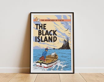 Vintage poster met gerestaureerde Kuifje — The Black Island, digitale poster, download