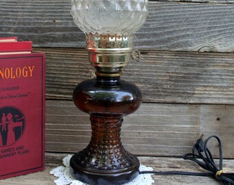 Beautiful Dark Amber and Clear Glass Globe Electric Oil Lamp