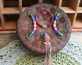 Beautiful Antique Round Decorated Sewing Basket