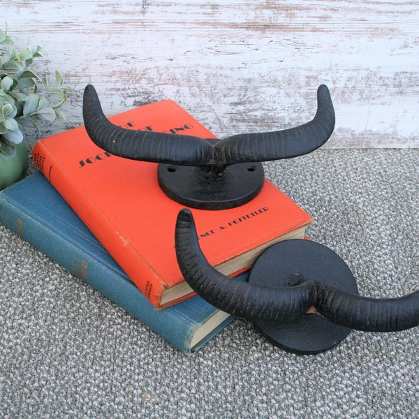 Pair of Cast Iron Ram Horn Wall Hooks / Coat Hooks / Wall Decor