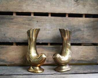 Vintage Brass Bird Vases / Pair