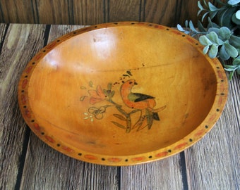 Vintage Wood Bowl With Painted Bird and Decorative Edge