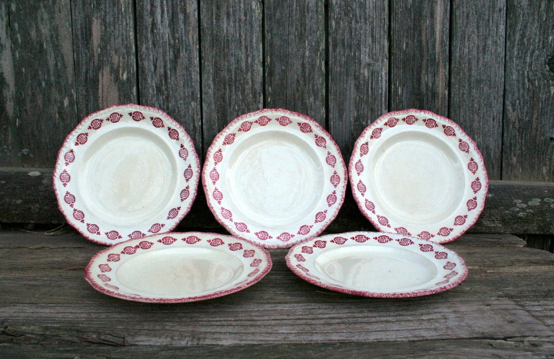 Set of Five Antique Cream Dinner Plates With Red Design on Rim Etsy