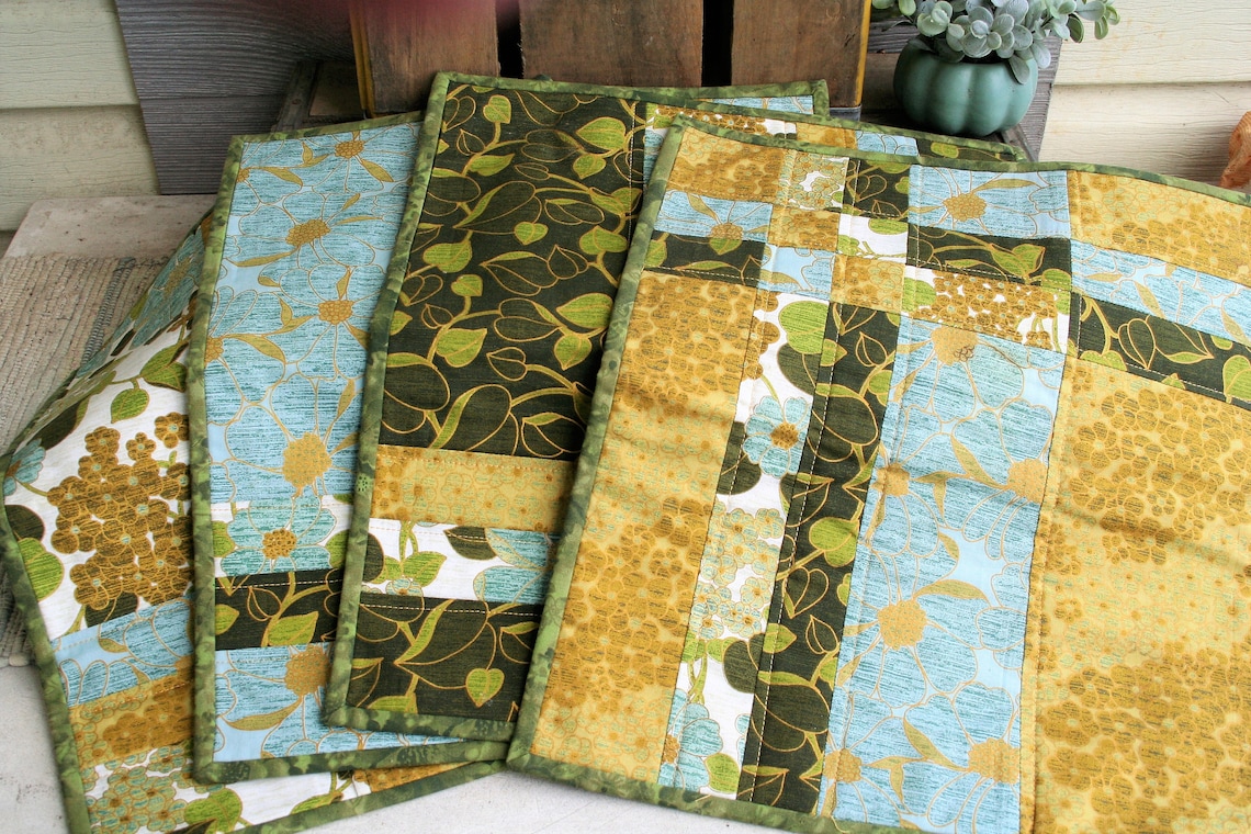 Handmade Quilted Placemats / Various Greens Blue and Cream Etsy