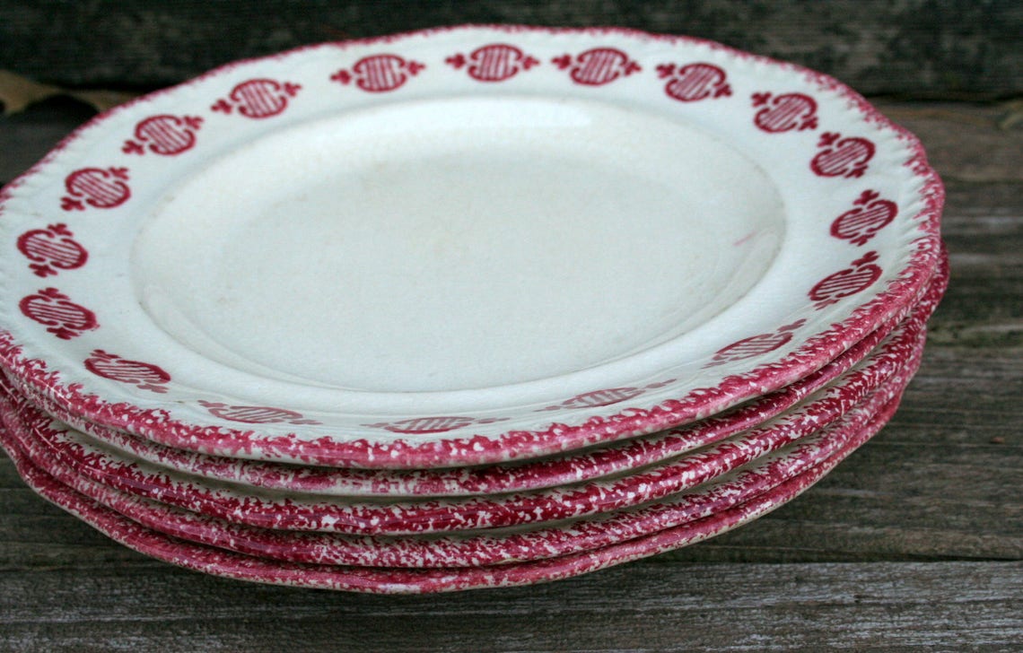 Set of Five Antique Cream Dinner Plates With Red Design on Rim Etsy
