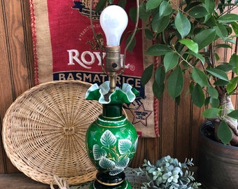 Beautiful Antique Green Glass Table Lamp With Leaf Design and Ruffled Top