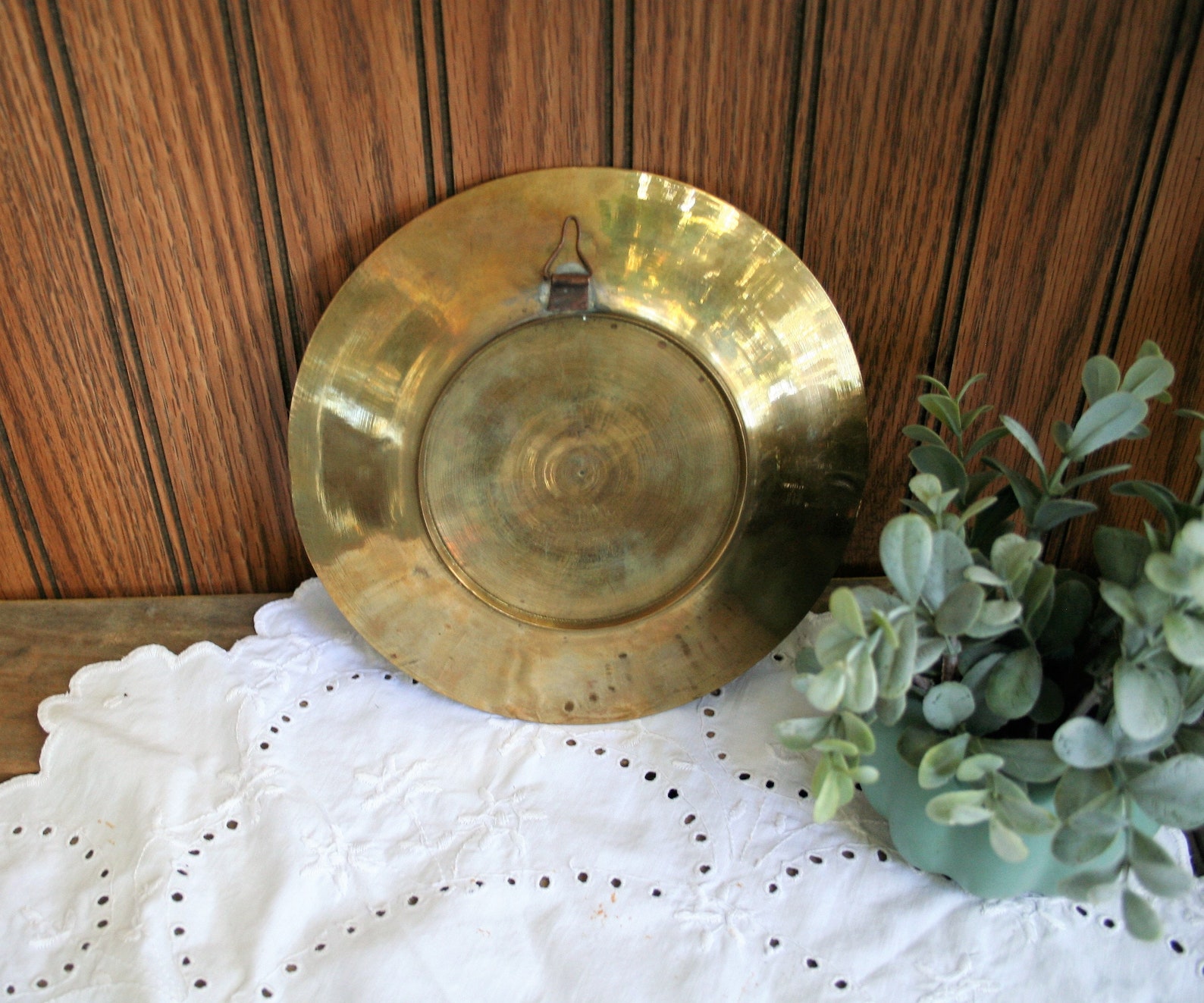 Vintage Brass Decorative Plate With Red and White Detail Etsy