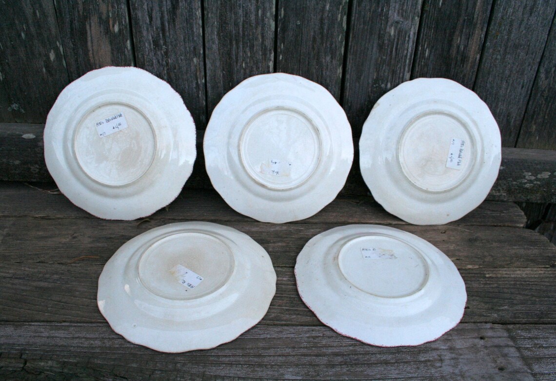 Set of Five Antique Cream Dinner Plates With Red Design on Rim Etsy