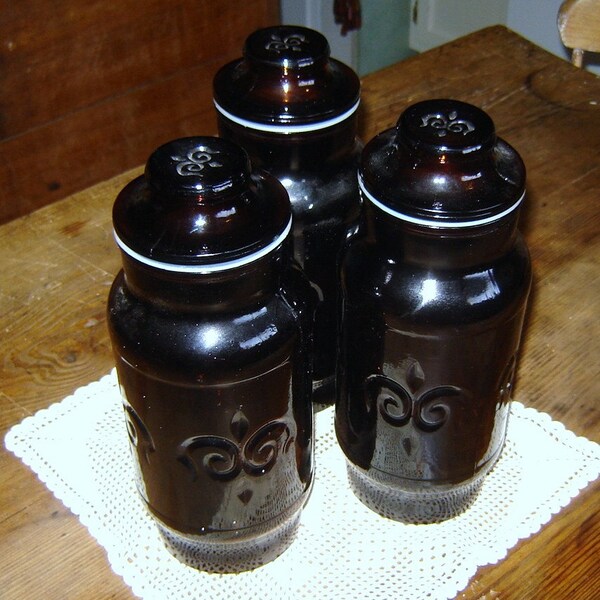 brown glass pantry storage jars, set of three