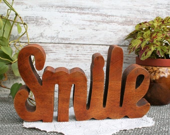 Vintage Wood SMILE Word Cutout Decor / Boho / Country / Modern / Mid Century