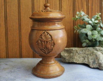 Gorgeous Handturned and Handcarved Lidded Wood Vessel / Leaf Design