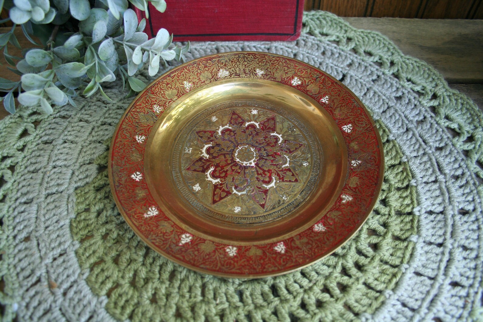 Vintage Brass Decorative Plate With Red and White Detail Etsy