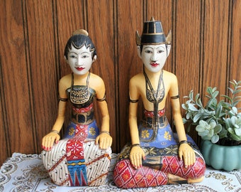Loro Blonyo Traditional Wood Javanese Couple / Wedding Bride and Groom Statues / Vintage