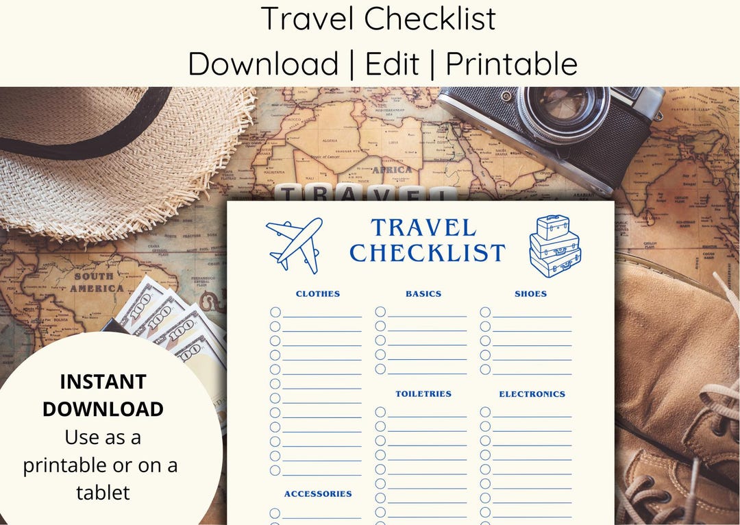 Travel Checklist Printable | Packing List Template | Editable Trip ...