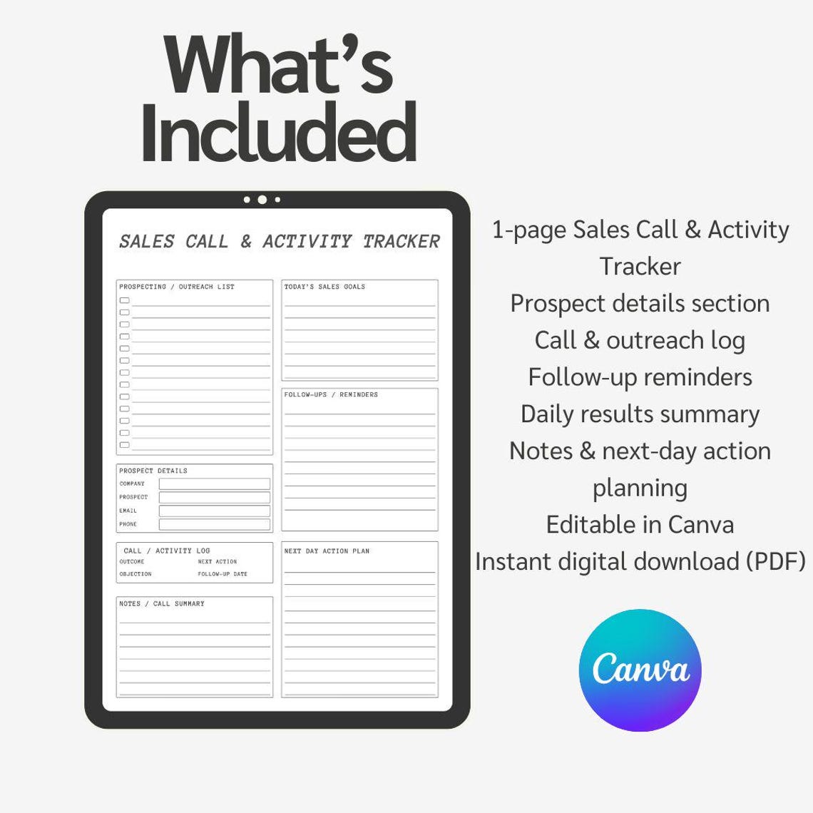 Sales Call Tracker | Sales Activity Log for Reps | Editable Canva PDF ...