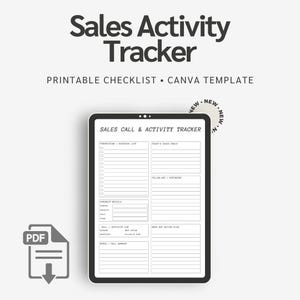 Puede incluir: Una plantilla digital de seguimiento de la actividad de ventas en una tableta. La pantalla muestra una lista de verificación con secciones para prospección, objetivos de ventas y seguimientos. El texto incluye "Sales Activity Tracker", "Printable Checklist" y "Canva Template."