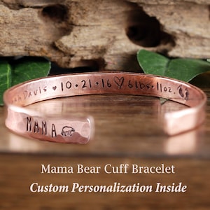 Mama Bear Cuff Bracelet, Baby Stats, Custom Cuff Bracelets, Personalized Mama Bear Jewelry, Mother Bracelet, Mama Bear Jewelry, Gift for Mom