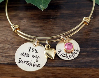You are my Sunshine Gold Personalized Bracelet, Mothers Birthstone Bracelet, Custom Bangle Bracelet, Signature Jewelry, Engraved Bracelet
