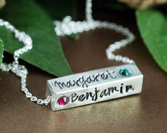 Mother's Necklace, 4 Sided Bar Necklace, Hand Stamped Necklace, Gift for Mom, Mothers Day Gift, Birthstone Necklace, Personalized Bar