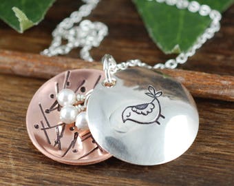 May include: A silver necklace with a copper and silver pendant. The pendant is a circle with a bird design on one side and a design of lines and dots on the other side. The pendant is attached to a silver chain.