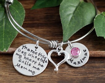 There's this boy who stole my heart Bracelet, Jewelry for Mom, Personalized Bangle Bracelet, Silver Bangle Charm Bracelet, Name Bracelet