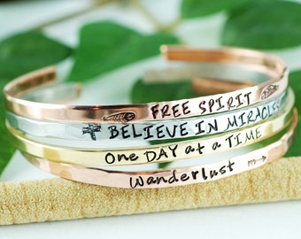 Inspirational Cuff Bracelet, Quote Bracelets, Stackable Cuff Bracelets, Silver Cuff Bracelet, Personalized Cuff Bracelet, Skinny Cuffs