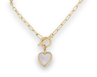 Gold heart necklace, 14kt paperclip chain, 14K Heart, Mother of Pearl Heart, waterproof jewelry, Gift for Her, Christimas Gift Idea