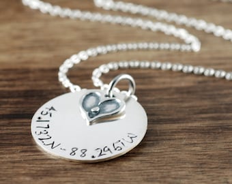 Silver Coordinates Necklace, Latitude Longitude Necklace, Custom Coordinates Necklace, Travel Necklace, Anniversary gift for Her
