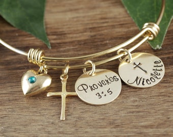 Bracelet de confirmation, GIft de confirmation personnalisé, bracelet de foi, bracelet de nom personnalisé, bracelet bible verse bangle, bracelet croisé