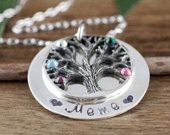 Family Tree Grandma Necklace, Silver Mother's Necklace, Grandmother Jewelry, Birthstone Family Tree Necklace, Tree of Life Jewelry