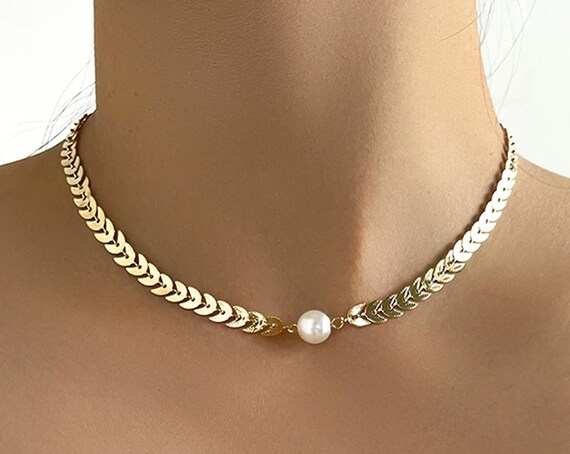 Pearl Choker Necklace, Collar Necklace, Gold Pearl Jewelry, Bridesmaid Necklace, Dainty Pearl Necklace, Pearl Gold Choker, Layering Necklace