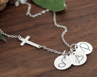Personalized Cross Initial Necklace, Silver Initial Necklace, Script Initial Disc, Cursive, Sideways Cross Necklace, Initial Pendant