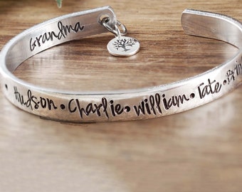 Silver Cuff Bracelet, Stamped Silver Bracelet, Name Bracelet, Childrens Names, Gift Grandma Bracelet, Cuff Grandma Gift  Custom Mother Gift